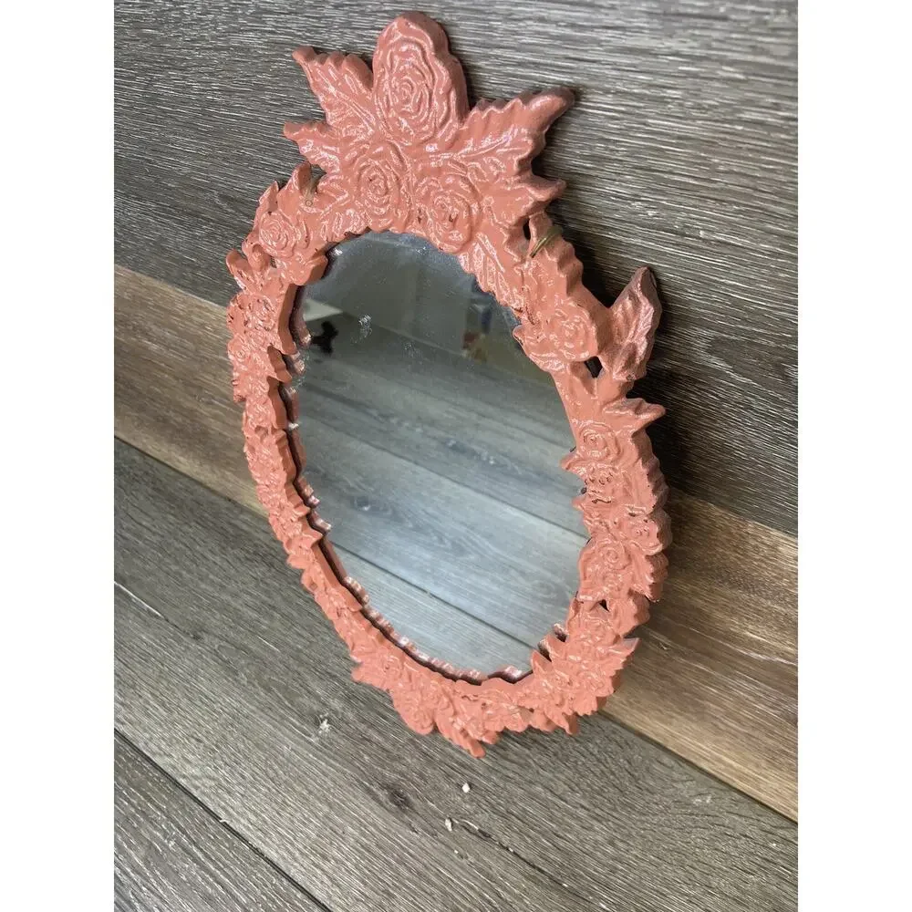 Vintage Oval Ornate Cast Metal Wall Hanging Mirror 16x9” Pink